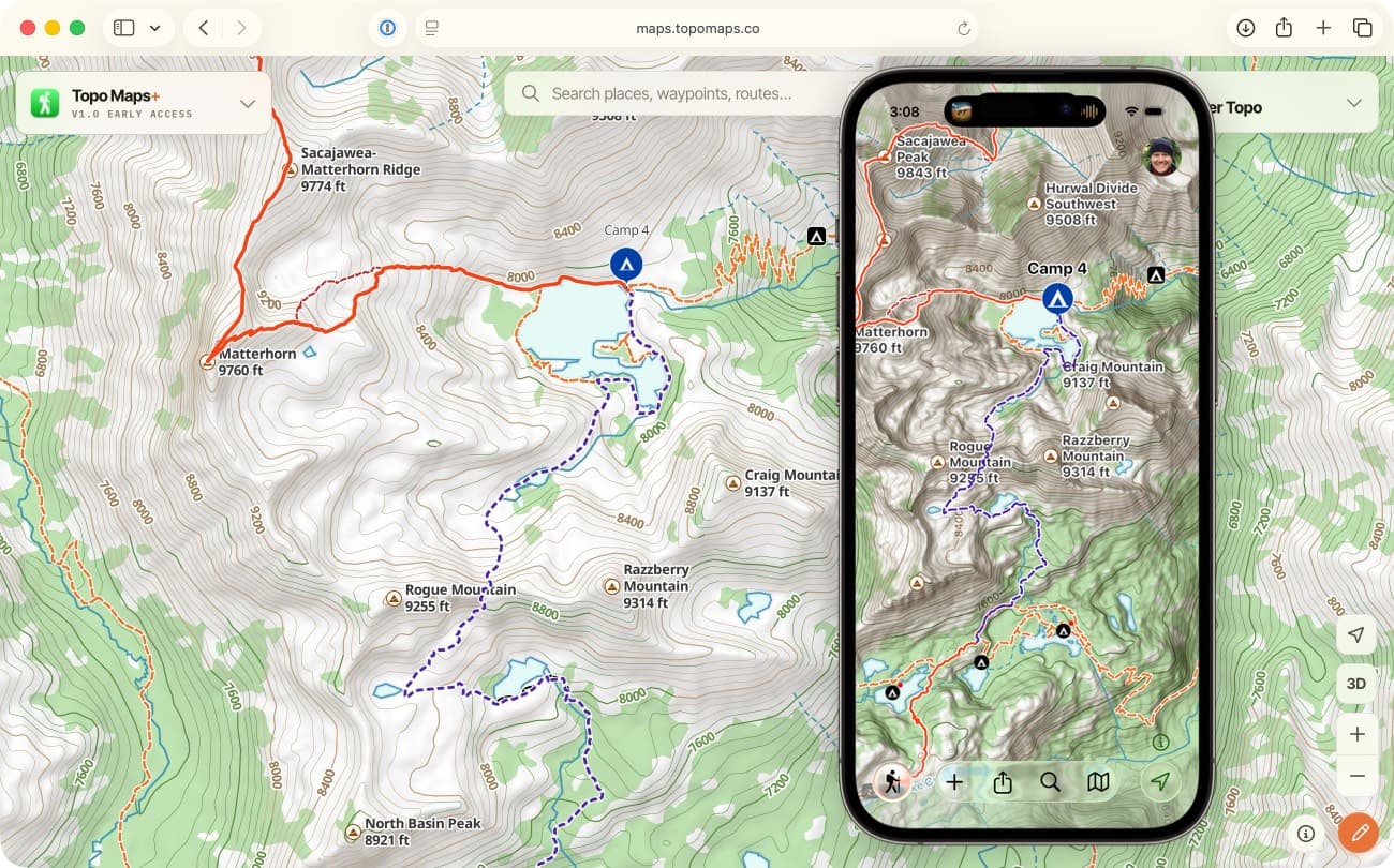SCREENSHOT: a route drawn on the web, then on the phone, then on the Apple Watch